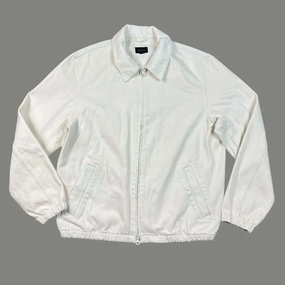 J Crew Harrington Striped Jacket Mens M White Blue Zip Layering CR129